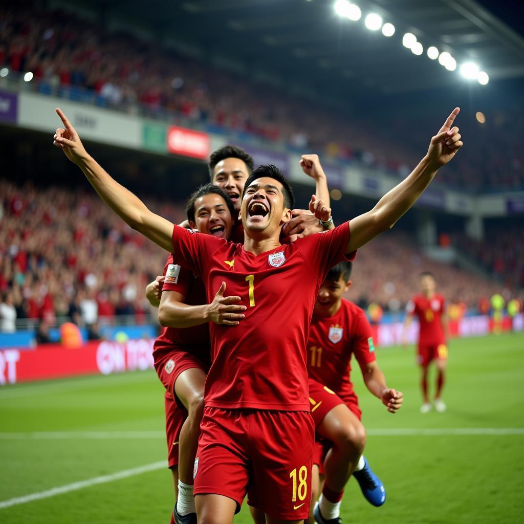 Nguyen Van Tung celebrating a goal with teammates