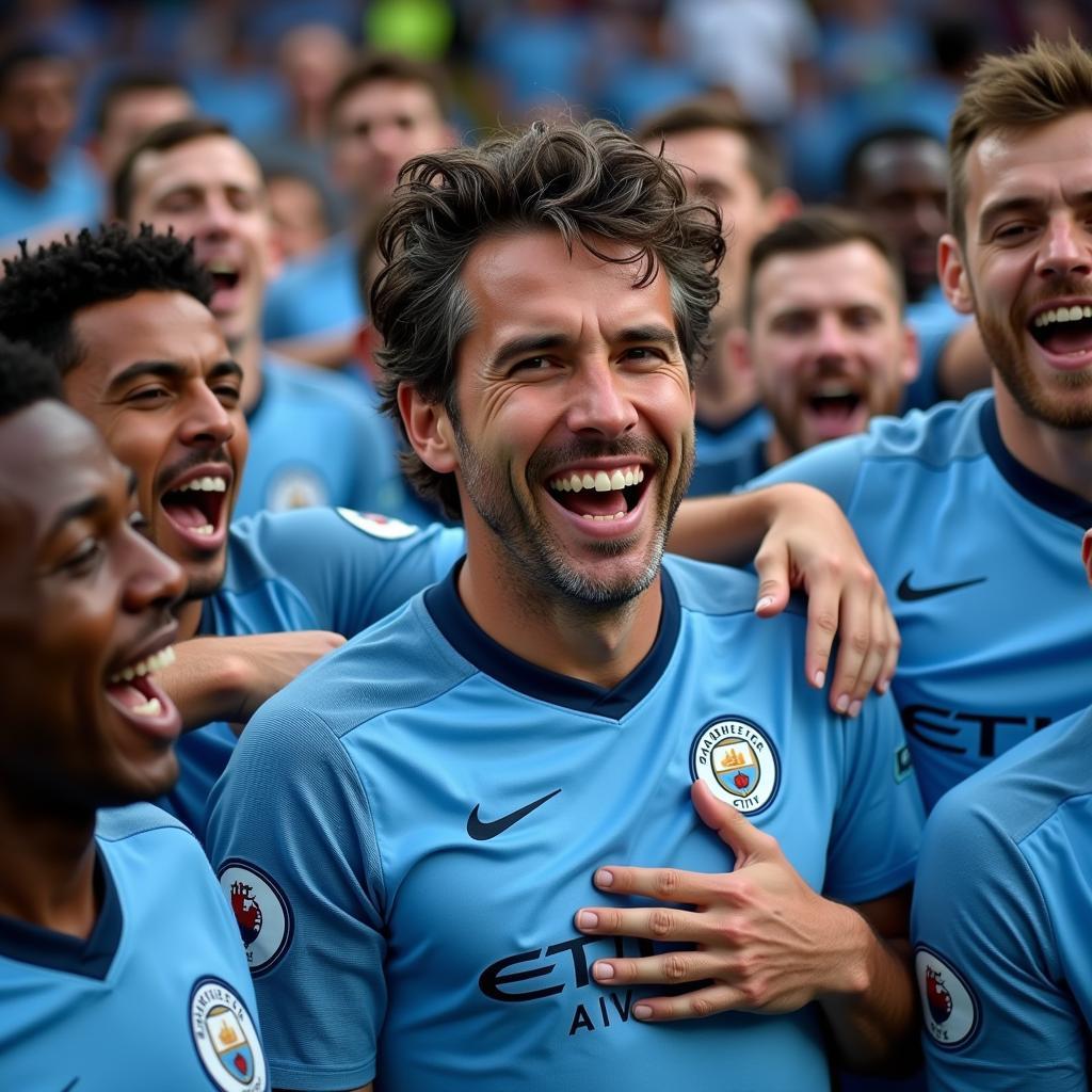 Noel Gallagher celebrating with Manchester City players