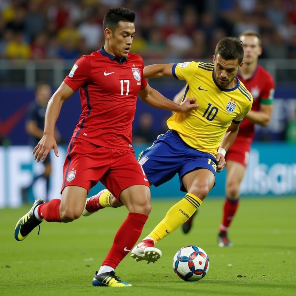 Players from Norway and Turkey battle for possession during an international match.