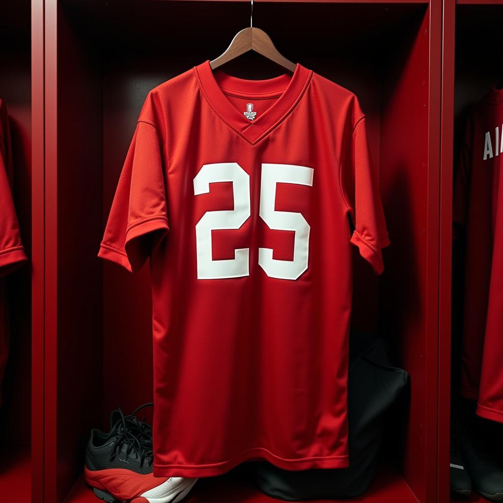 Number 25 jersey hanging in a locker room