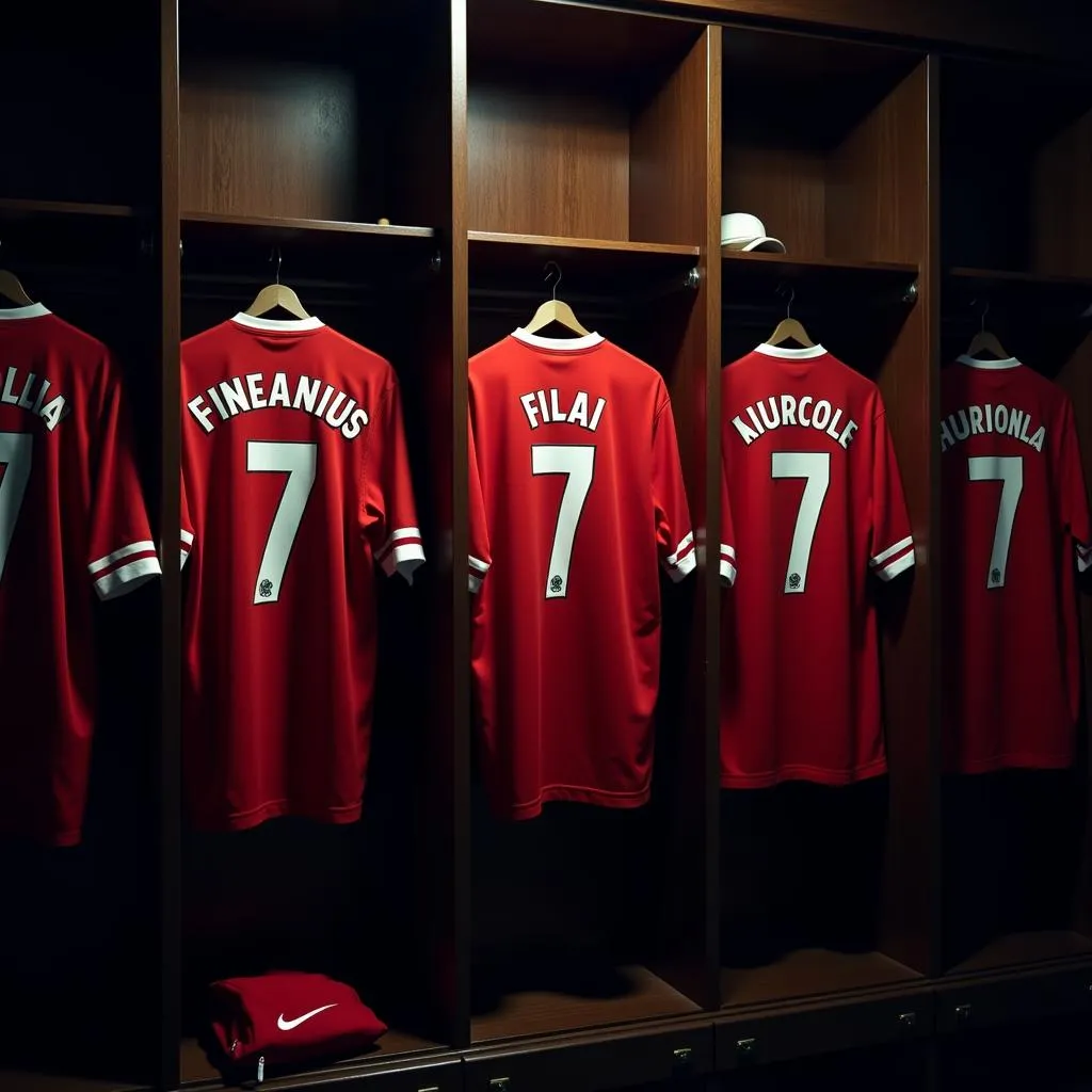 Number 7 jerseys hanging in a locker room