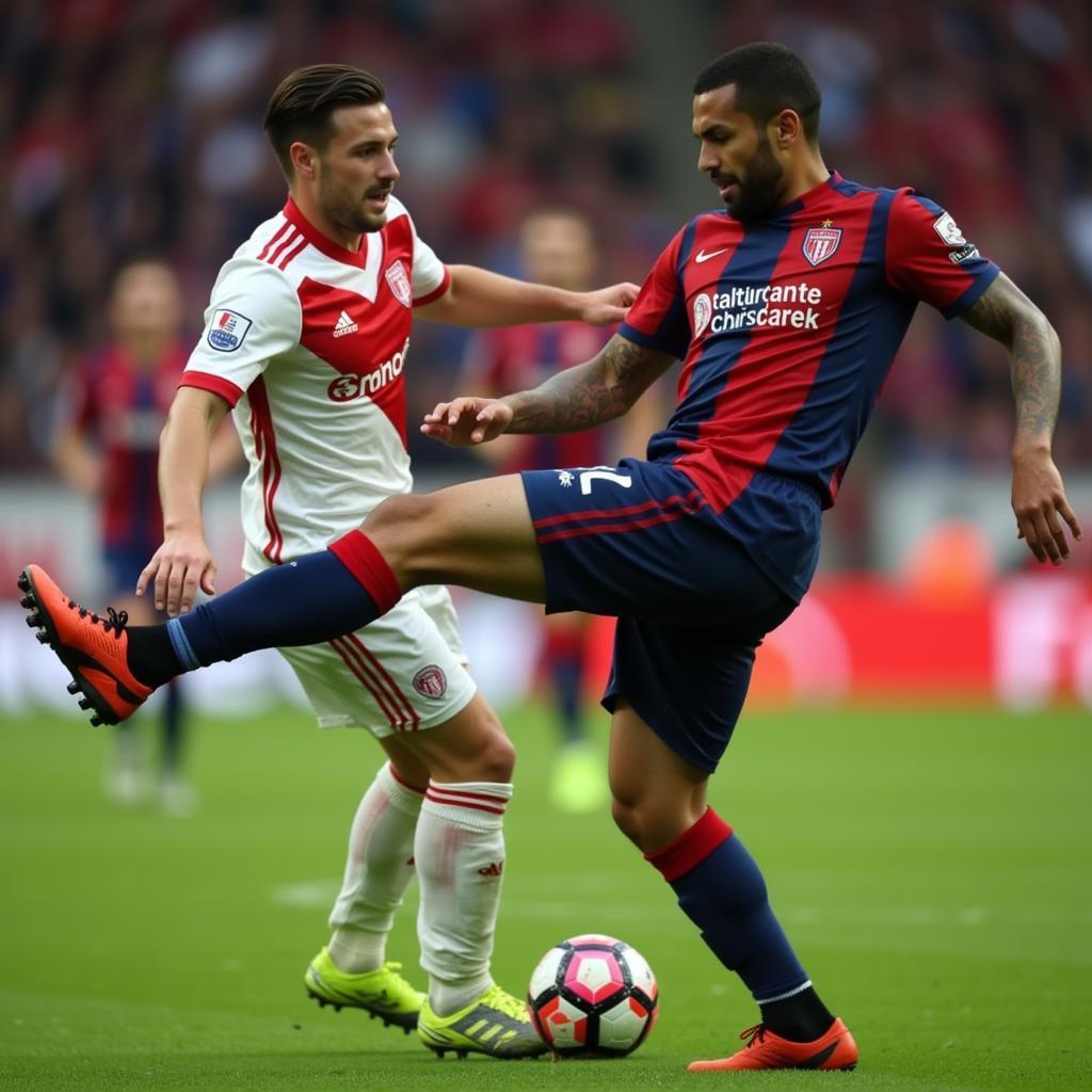 Footballer performing a nutmeg during a match