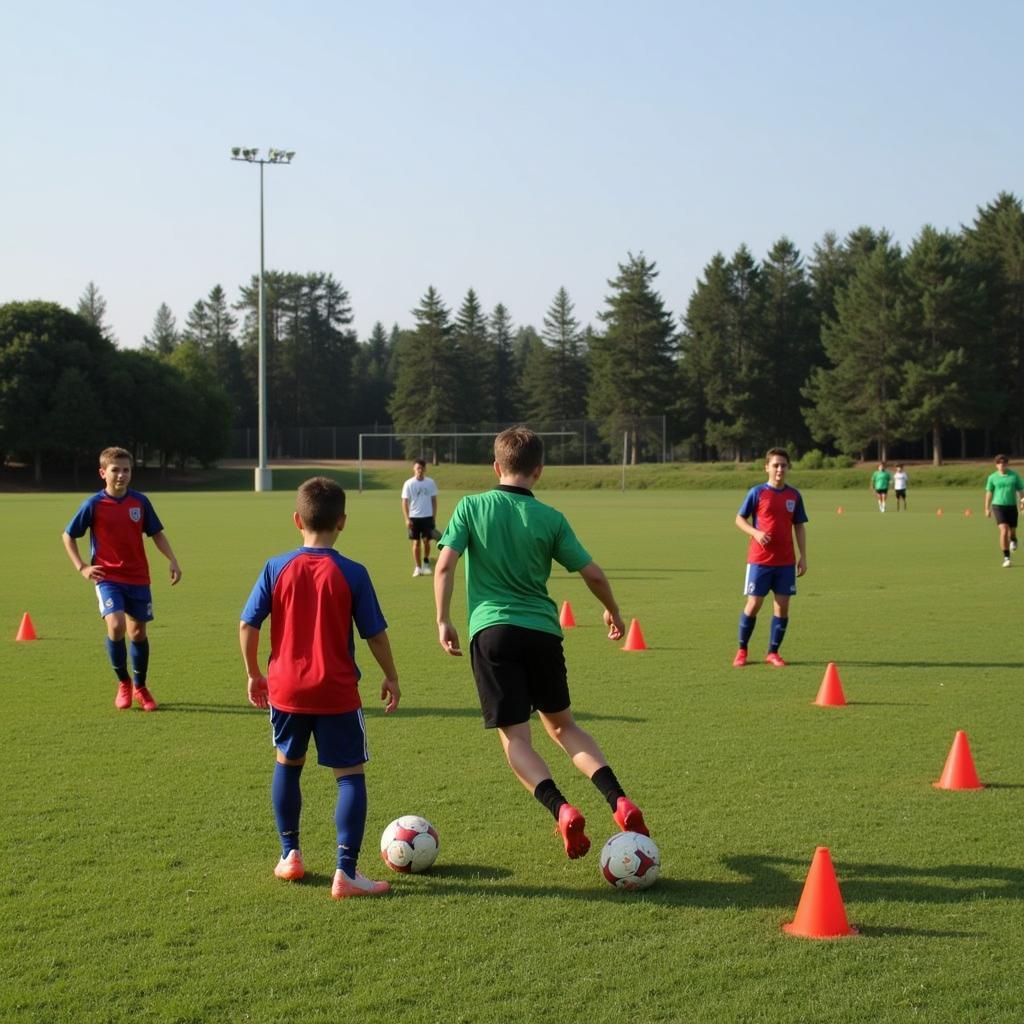 Football players practicing nutmeg drills