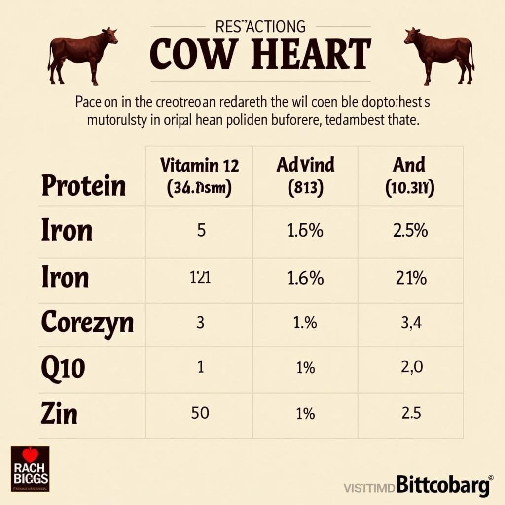 Chart showing the nutritional breakdown of cow heart