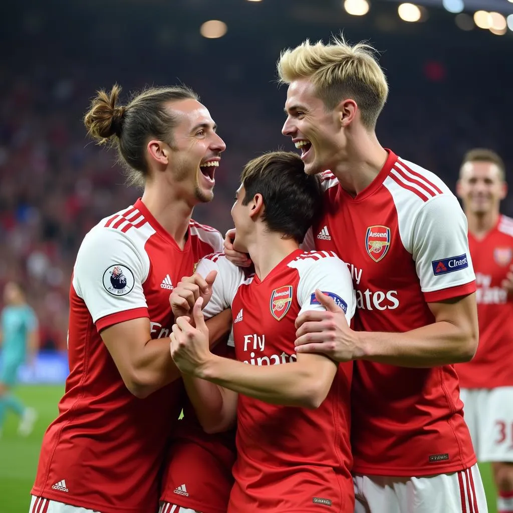 Martin Ødegaard celebrating a goal with his Arsenal teammates