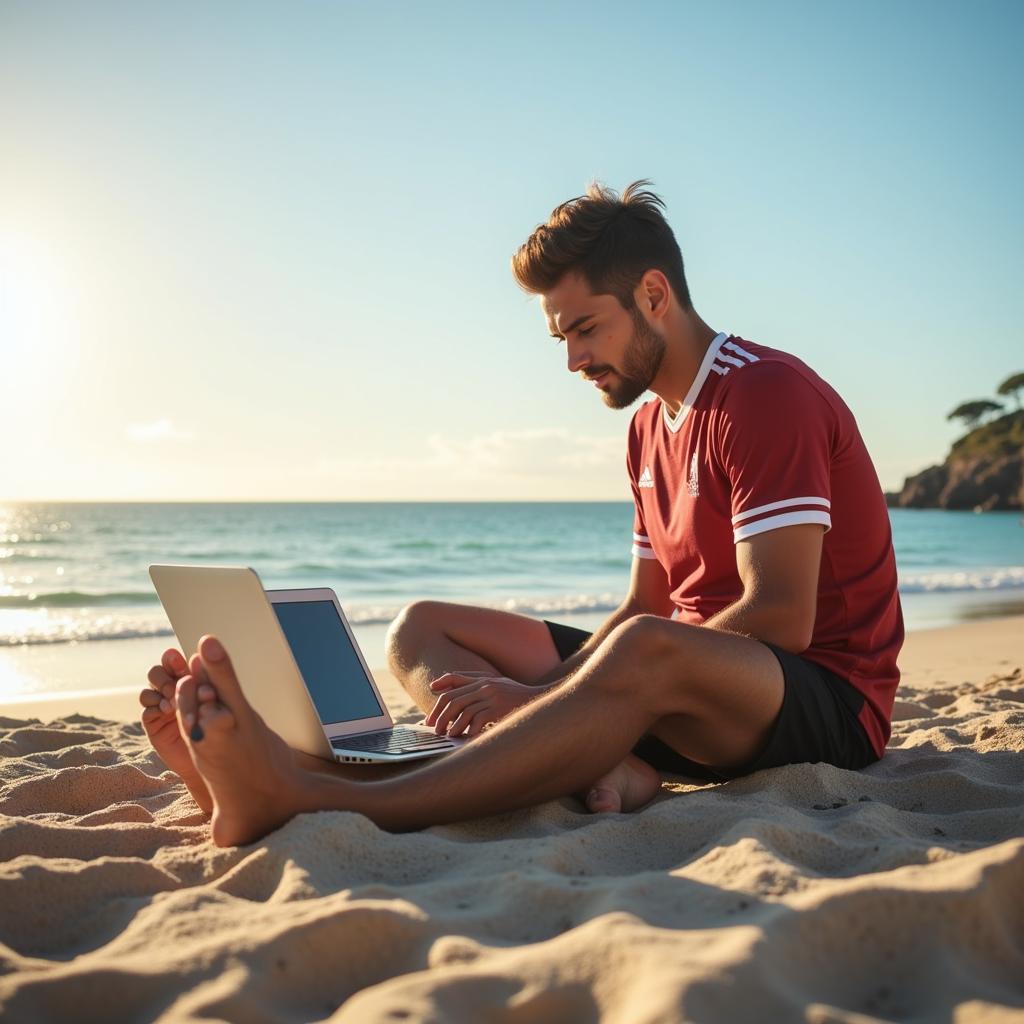 Footballer relaxing on a tropical beach with a laptop, symbolizing offshore tax havens.