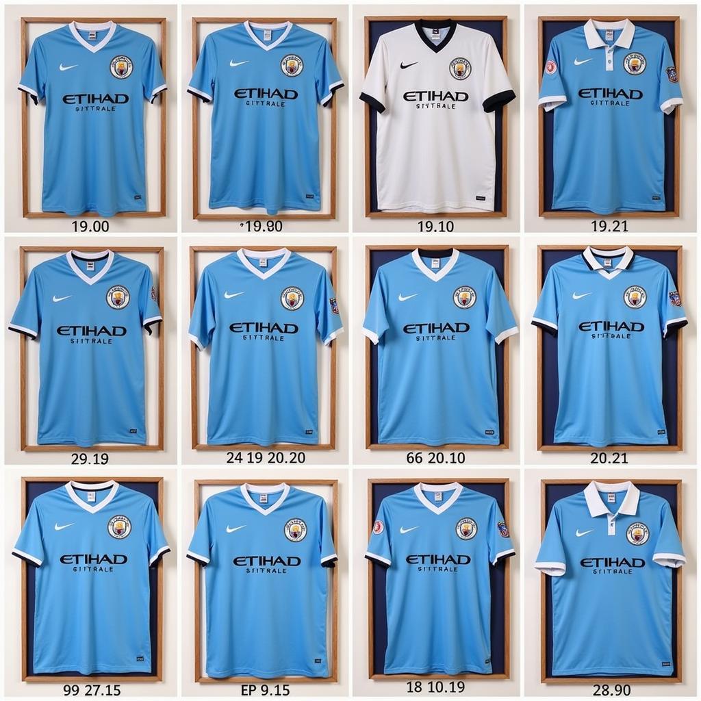 A collection of old Haaland Man City shirts from different seasons, showcasing various designs and sponsors.