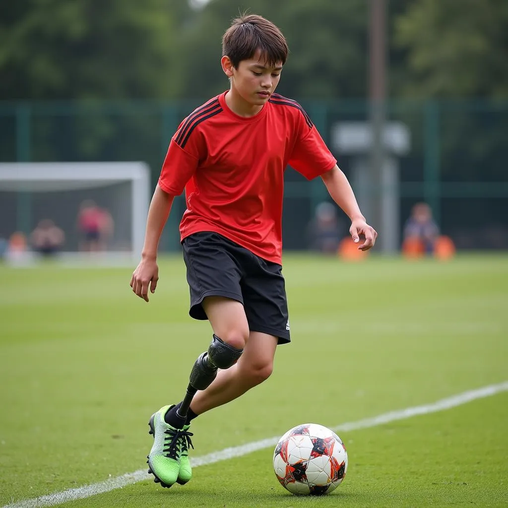 One-legged footballer training rigorously