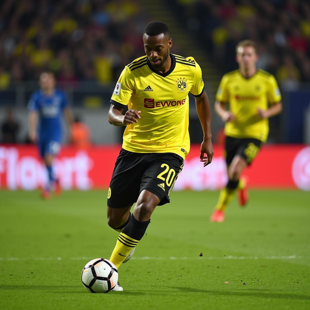 Ousmane Dembélé in action for Borussia Dortmund, wearing the number 20 kit.