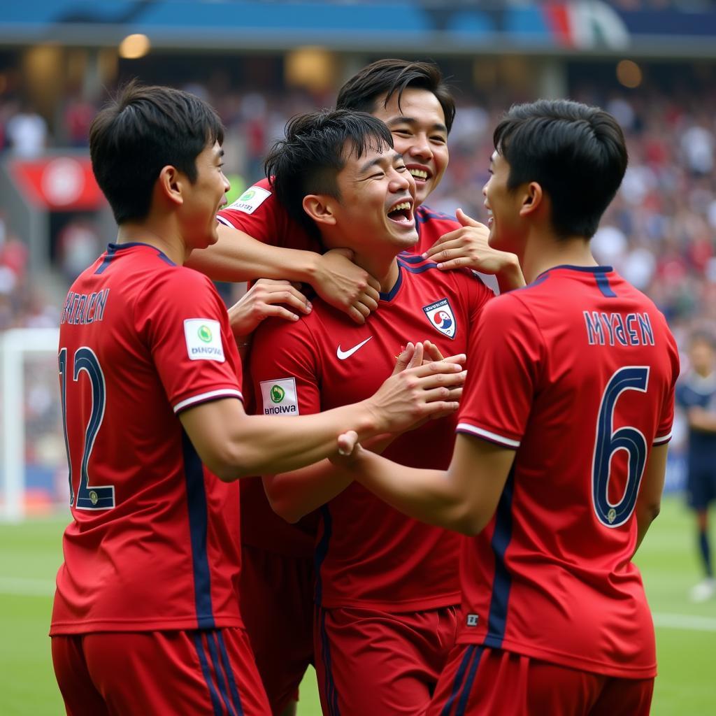 Park So celebrates a goal with teammates