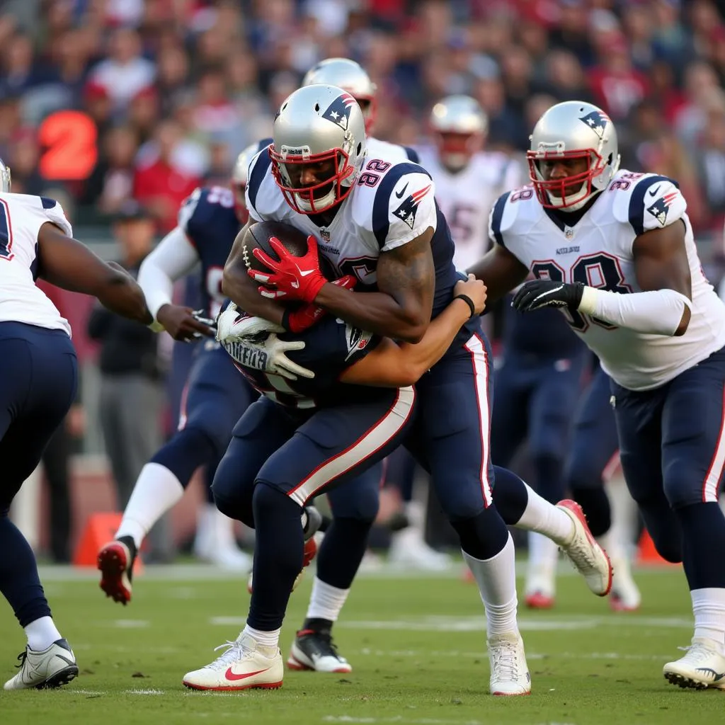 New England Patriots linebacker making a crucial tackle during a game