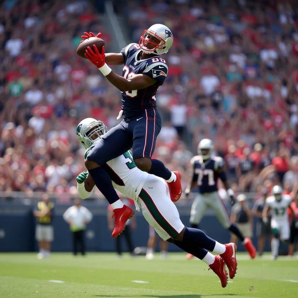 New England Patriots wide receiver making a spectacular catch during a game