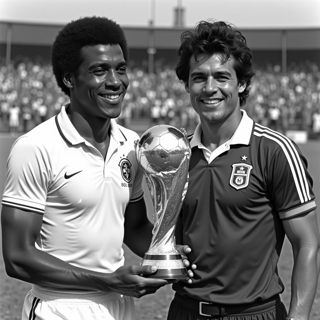 Pele and Maradona holding up a World Cup trophy