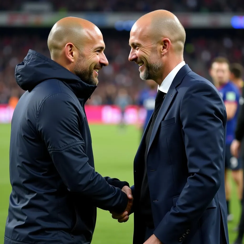 Pep Guardiola and Erling Haaland shaking hands after a match, both with smiles on their faces