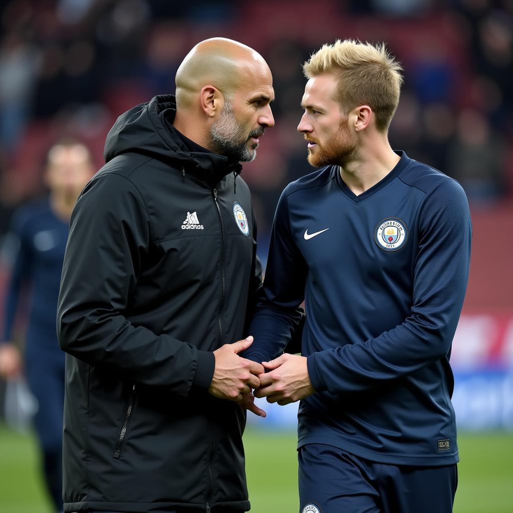 Pep Guardiola talking to Erling Haaland during a substitution