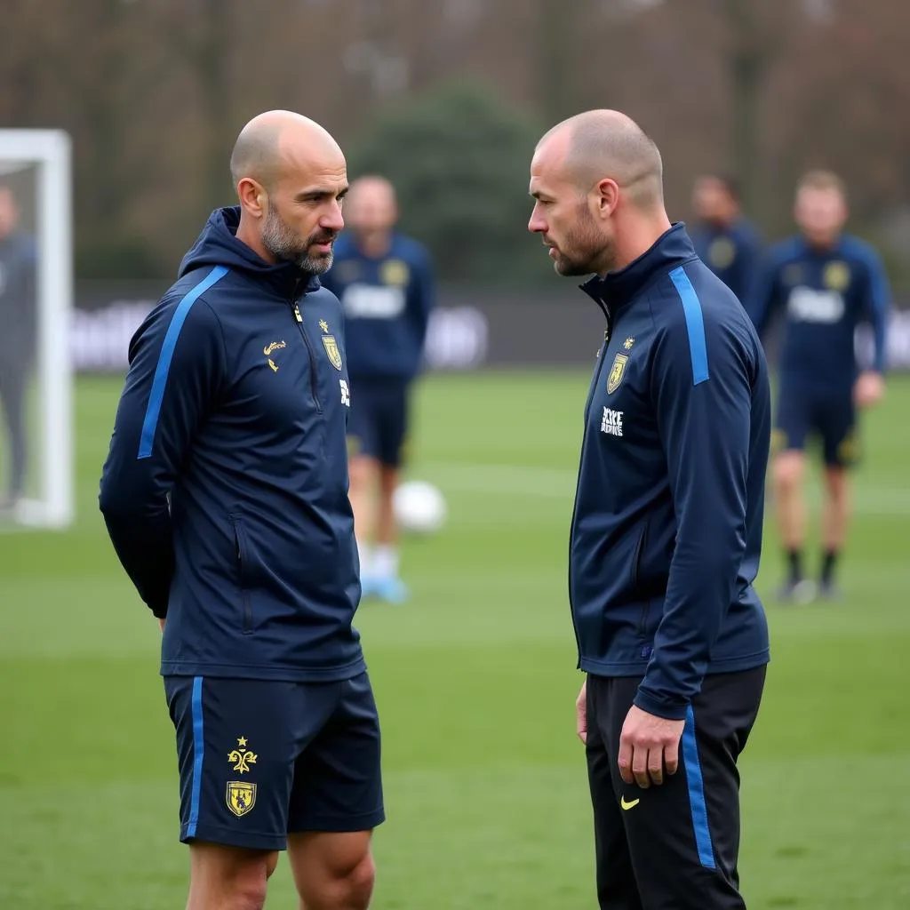 Pep Guardiola giving instructions to Erling Haaland during a training session