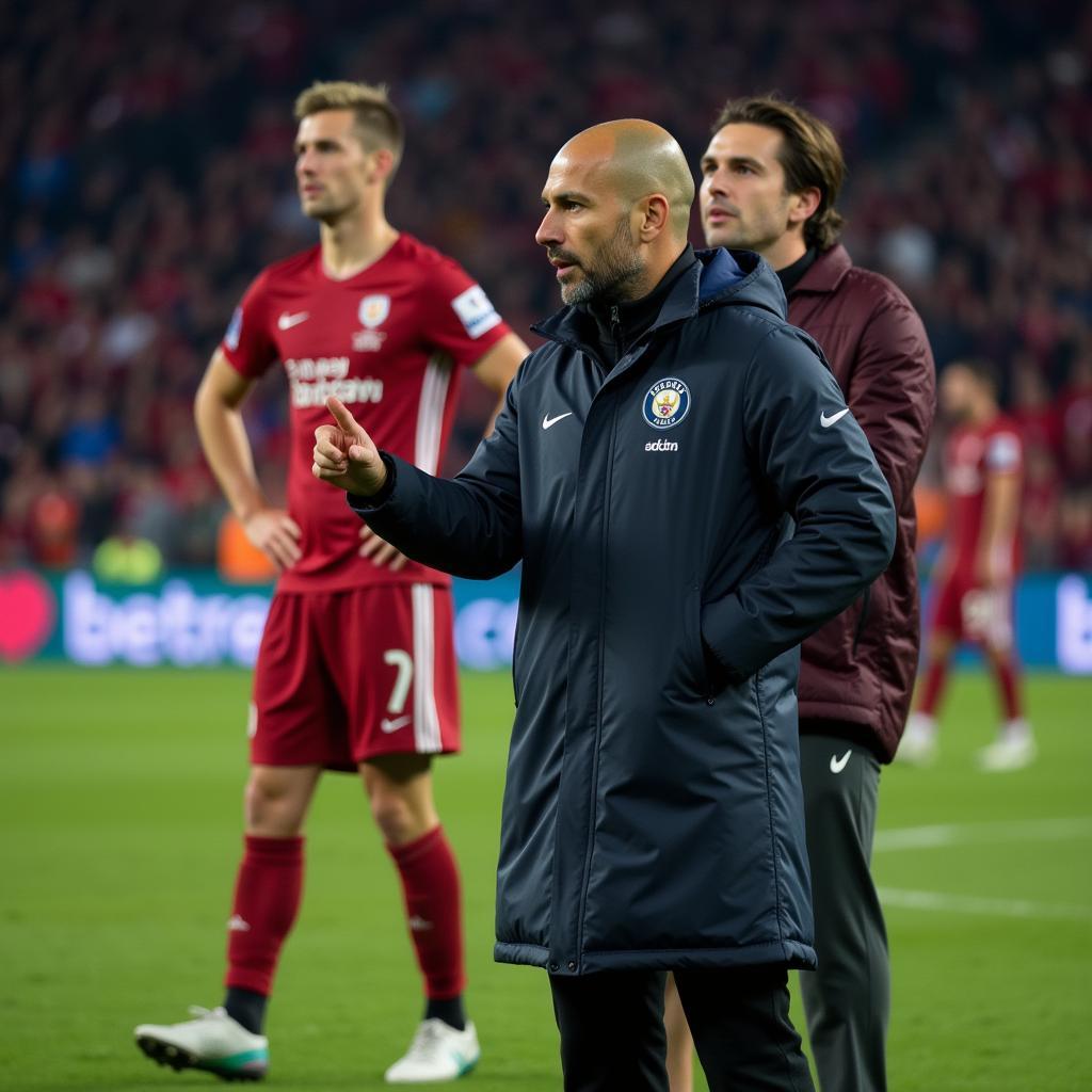 Pep Guardiola giving instructions to Erling Haaland during half-time