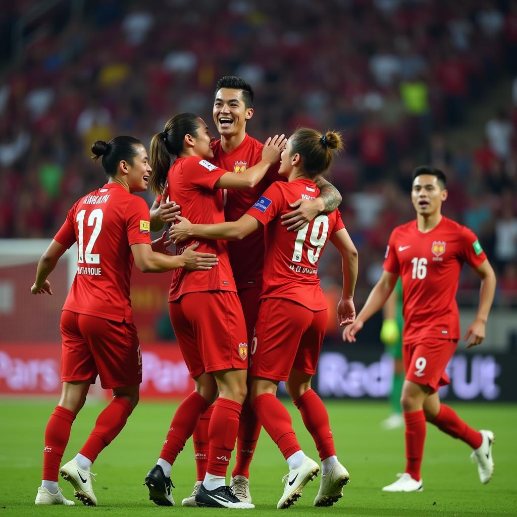 Phạm Xuân Tạo celebrates scoring a crucial goal for his team