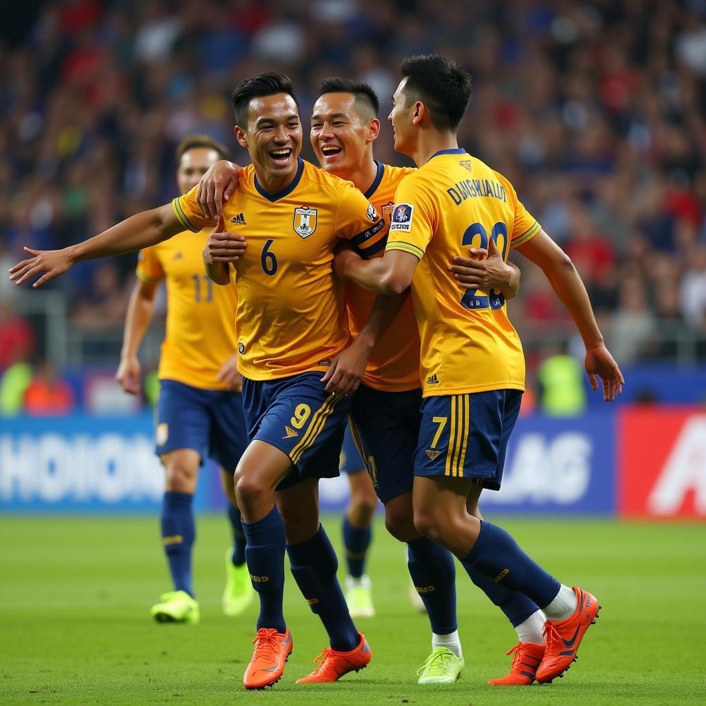 Phan Thanh Vân celebrates scoring a goal