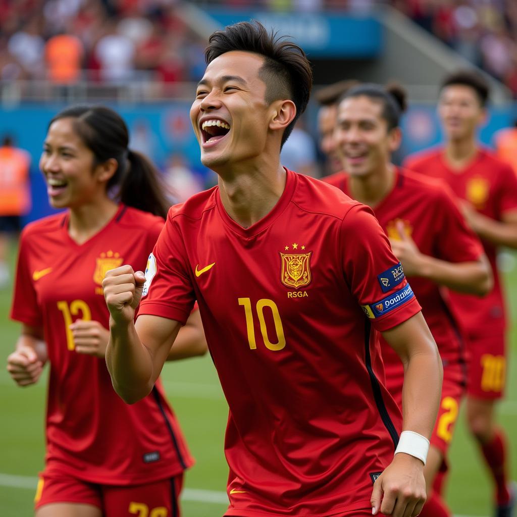 Phan Van Duc celebrates a goal with teammates