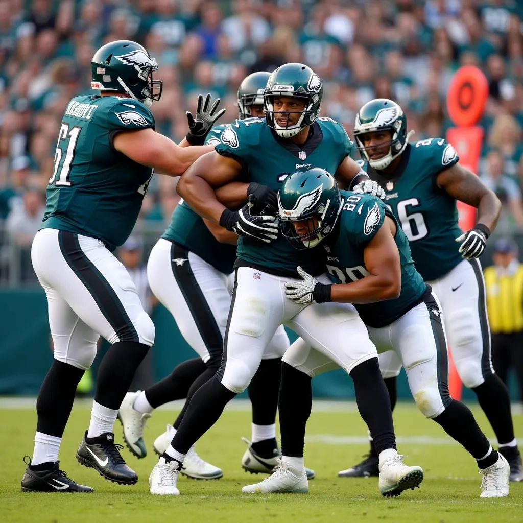 Philadelphia Eagles defensive line celebrating a sack