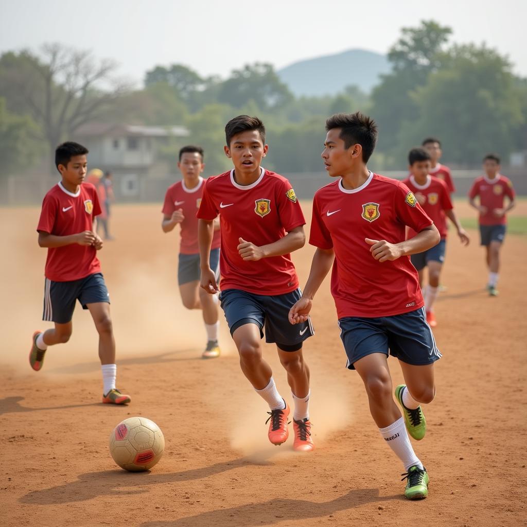 Young football players training in Phu Yen