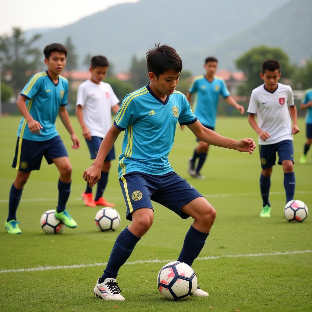 Young footballers participating in drills during U14 trials in Phu Yen