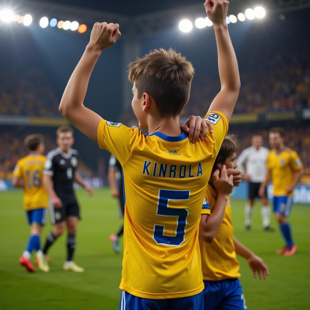 Footballer celebrating a goal with his name on the back