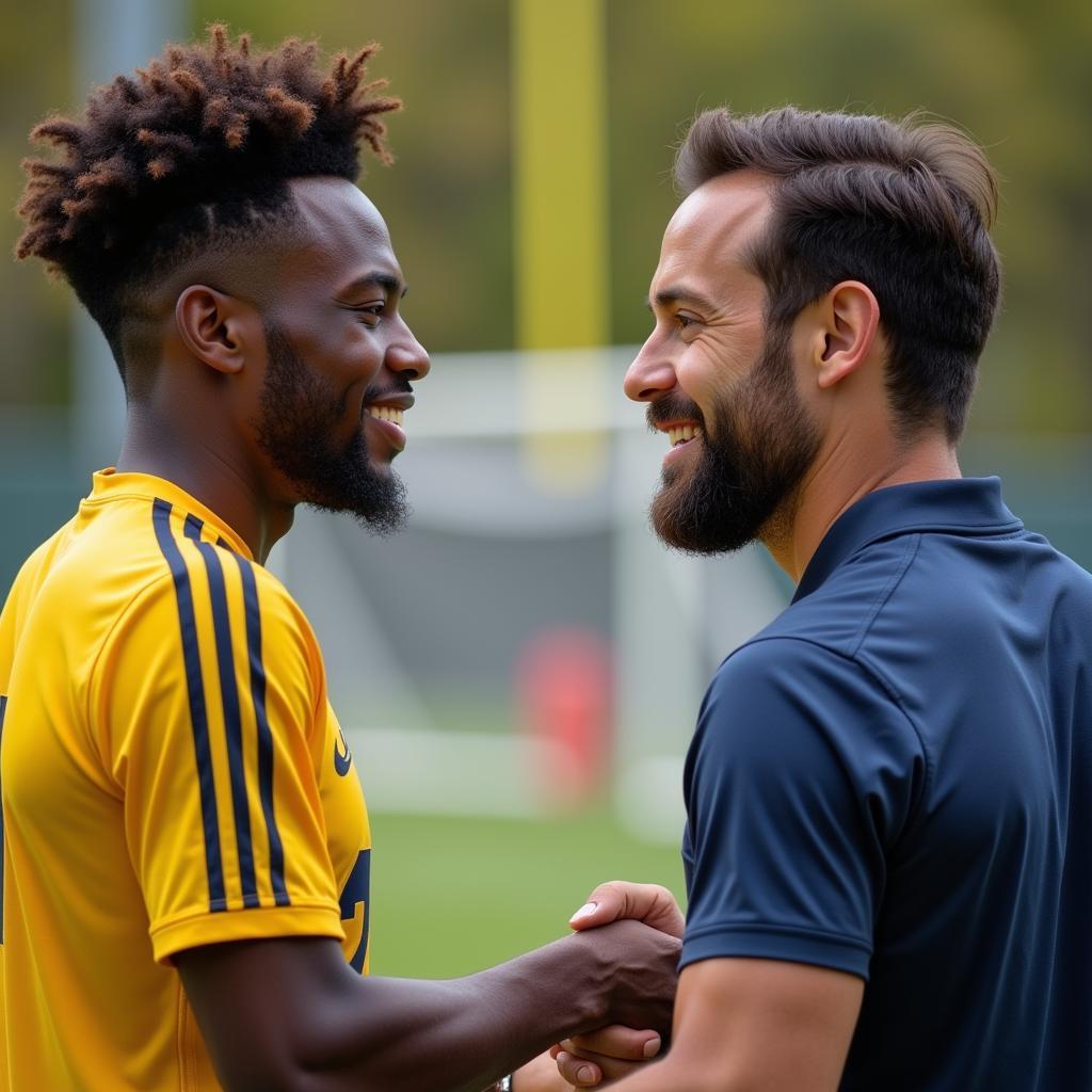 Player and coach shaking hands after a training session