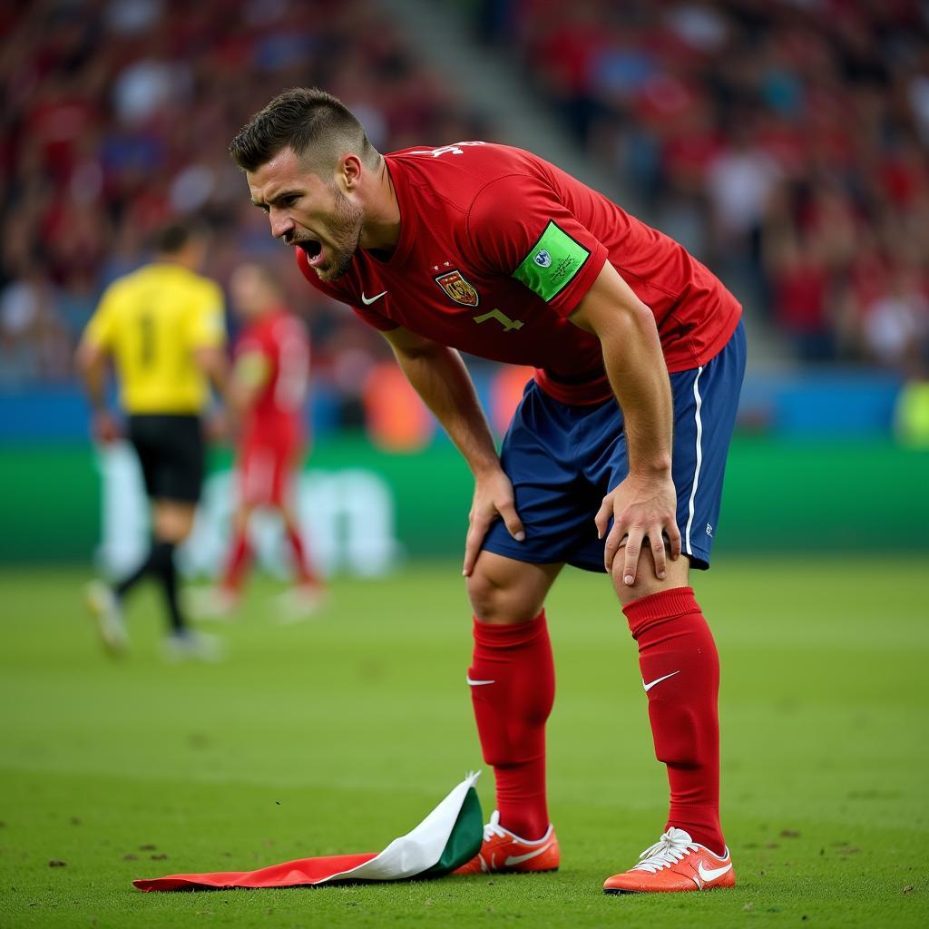 A football player slams a national flag to the ground in frustration after receiving a red card.