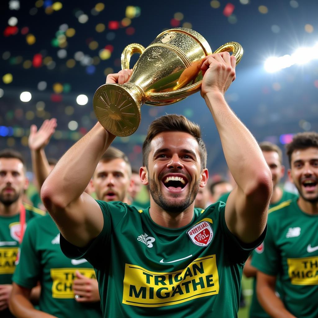 Footballer hoisting a championship trophy