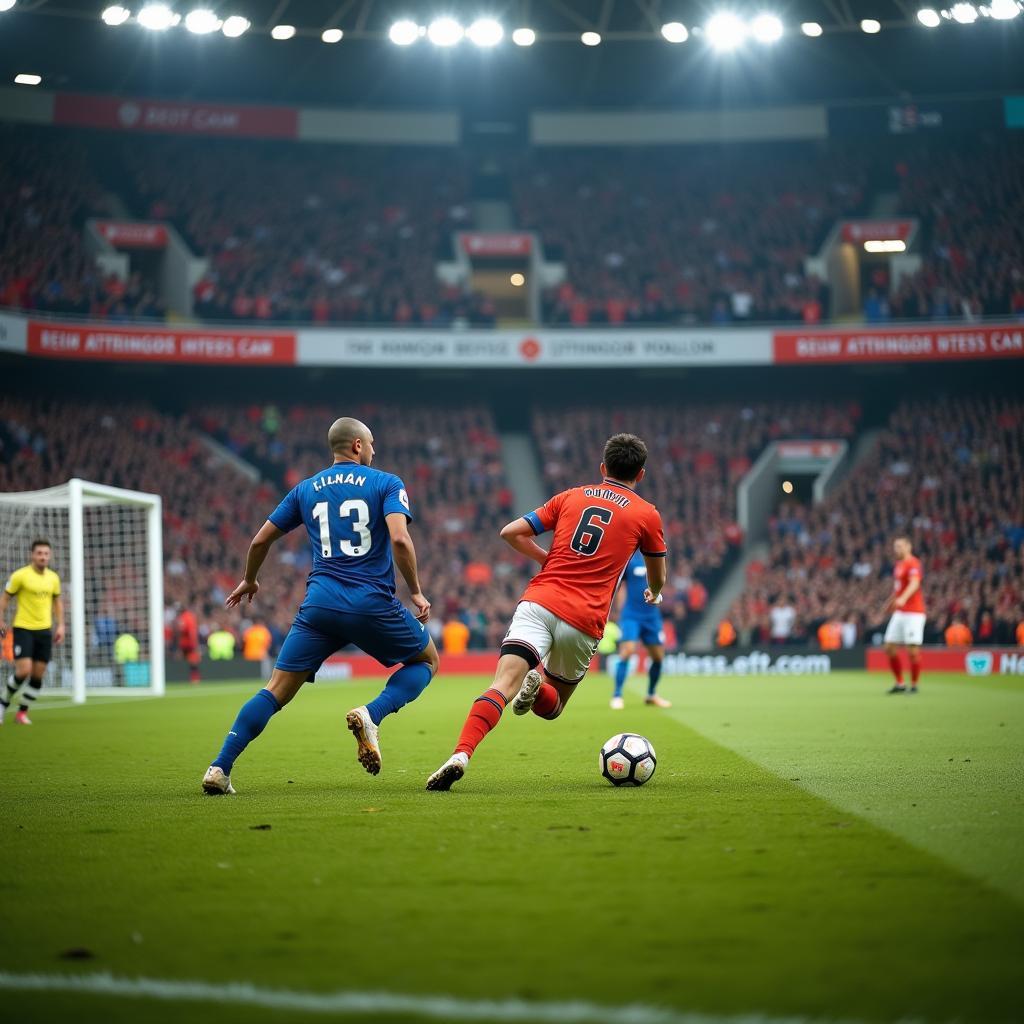 A football player sprinting towards the goal with only the goalkeeper to beat