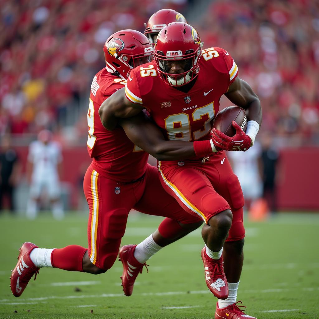 Football player in red kit showing aggressive tackle