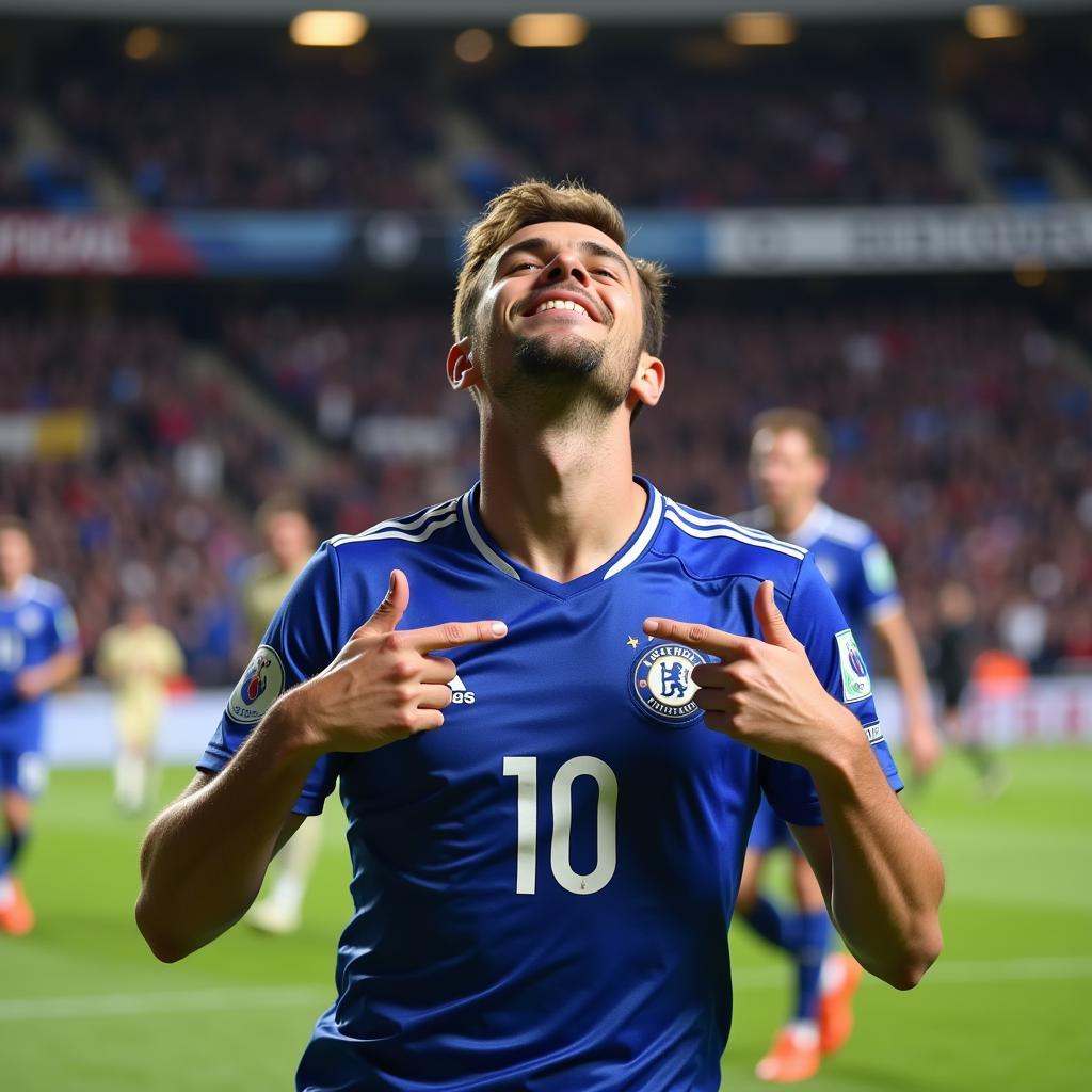 Football player celebrating a goal in a unique shirt number