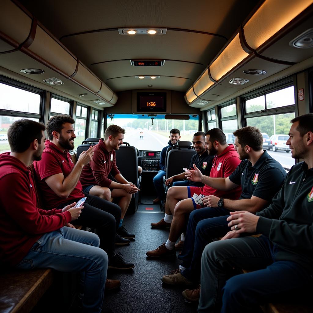 Football players bonding on the team bus