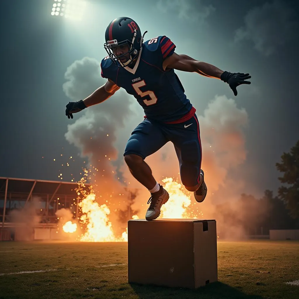 Football player performing plyometric box jumps