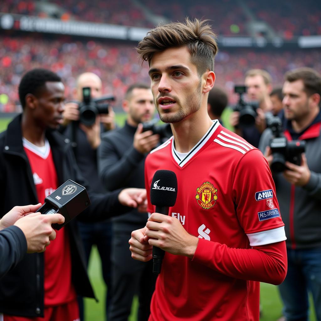 Focused footballer during a post-match interview