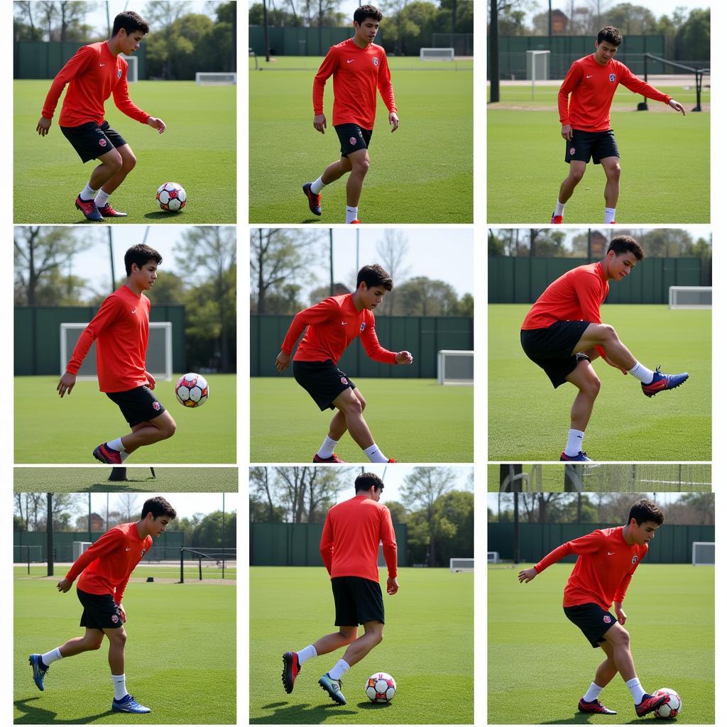 Footballer practicing shooting drills