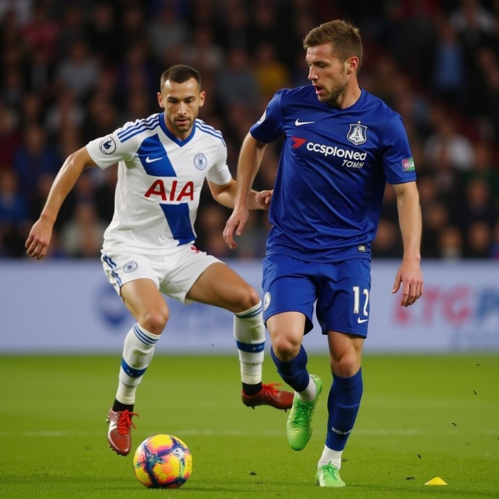 Premier League player sprinting with the ball during an intense match