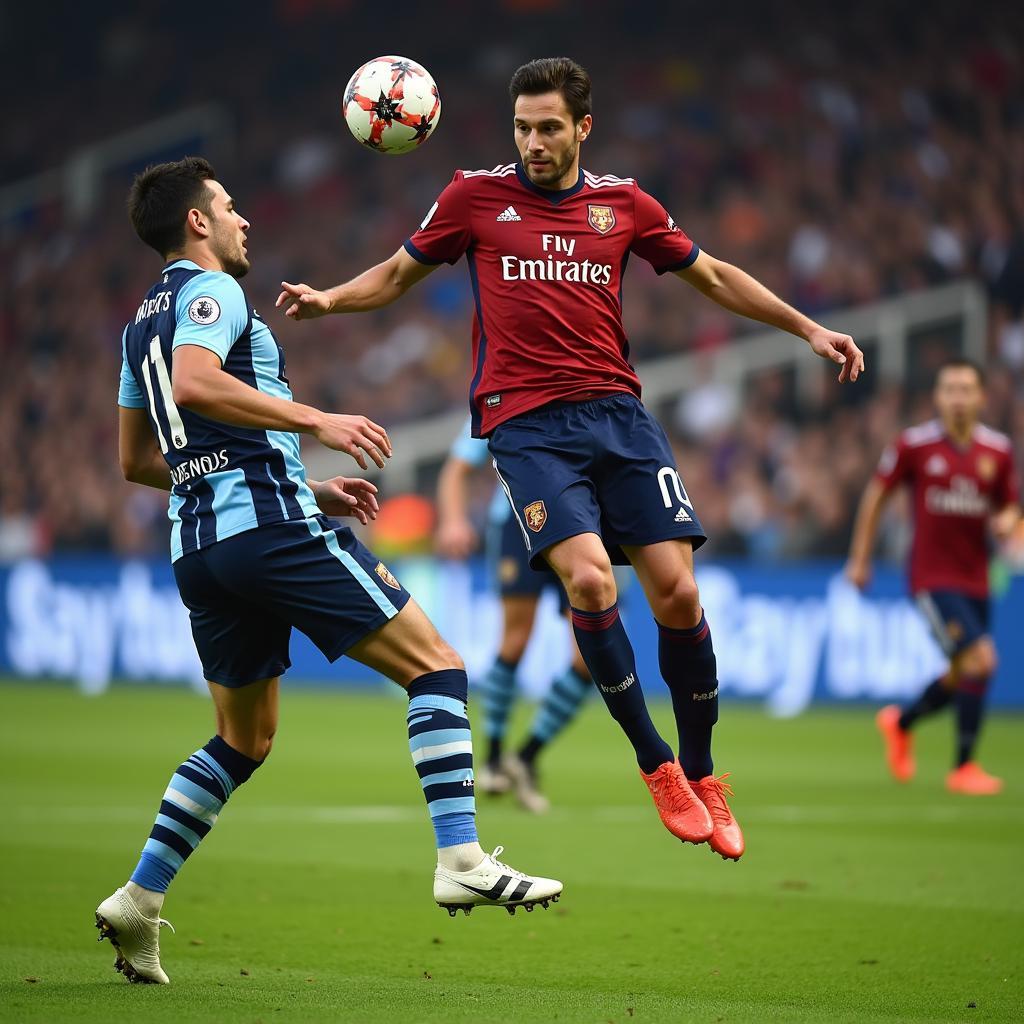 A striker leaps high above the defenders, showcasing their aerial prowess and determination to score with a powerful header.