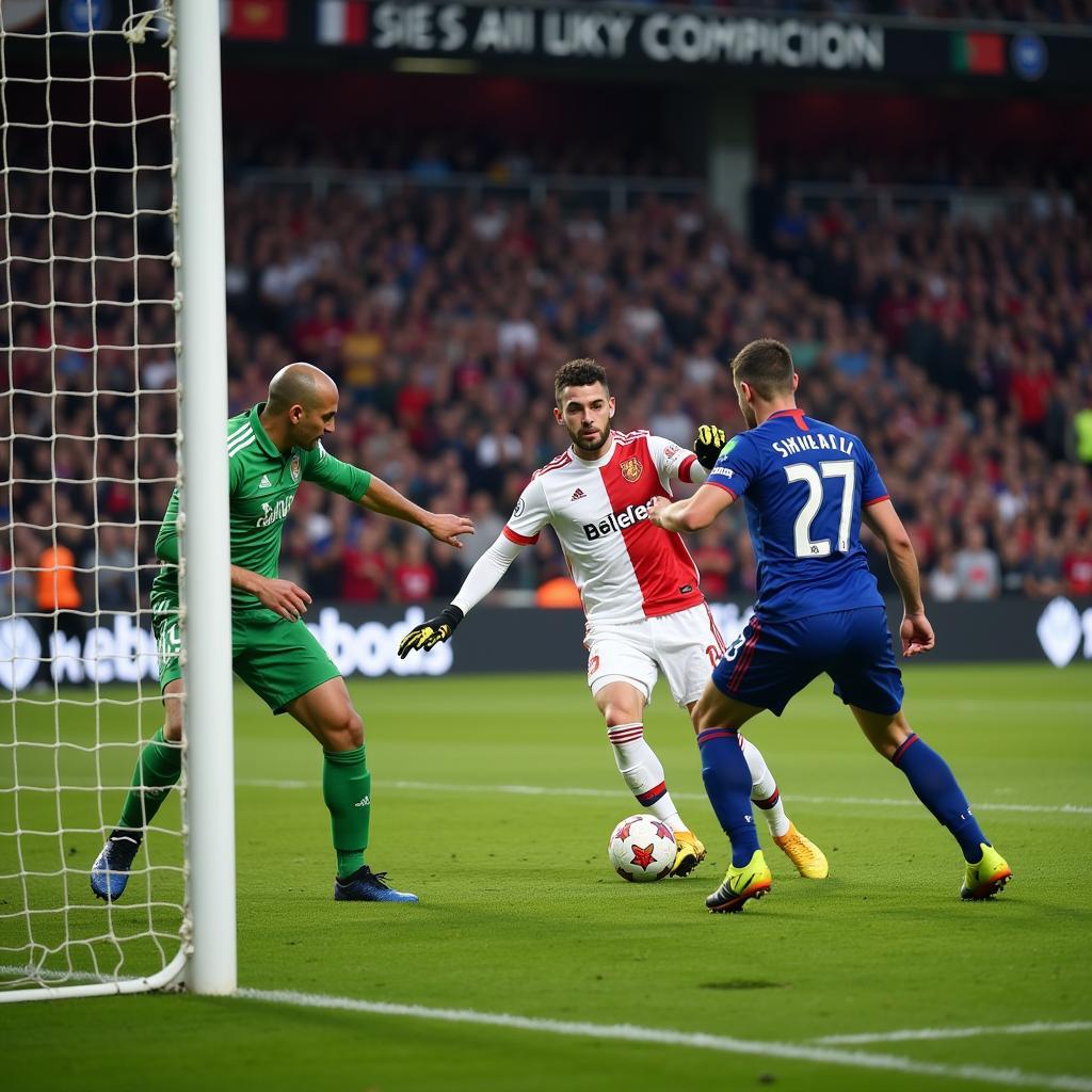 A striker faces off against the goalkeeper, showcasing their composure and clinical finishing in a high-pressure one-on-one situation.