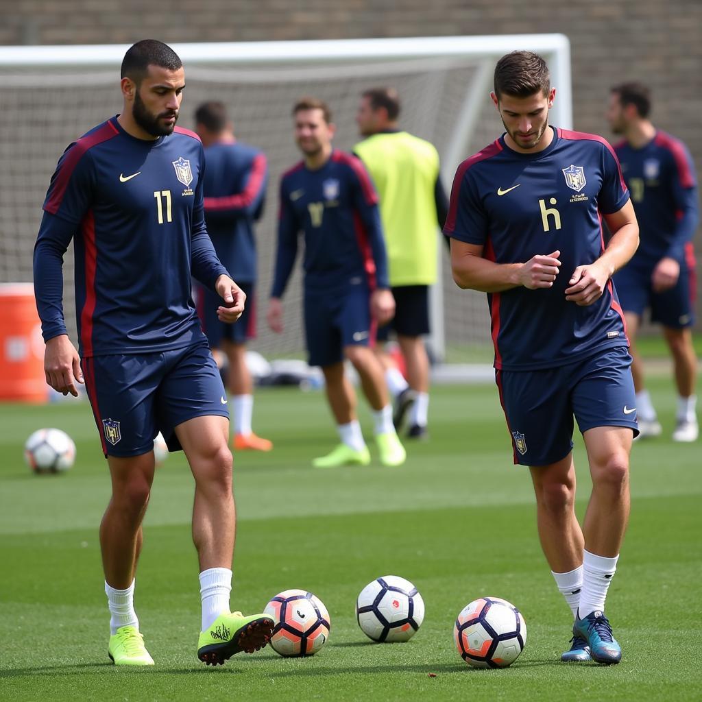 Professional footballers undergoing intense physical training