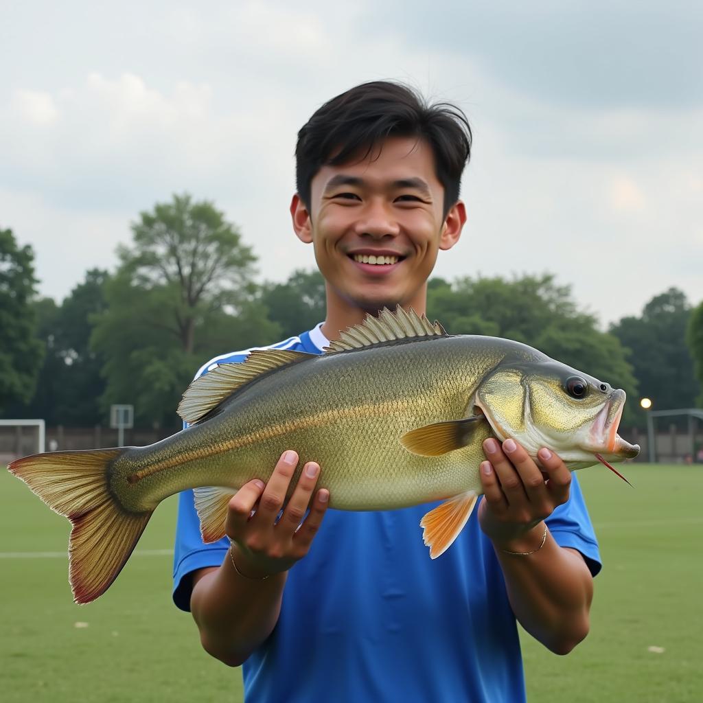 A Vietnamese footballer proudly displaying his catch