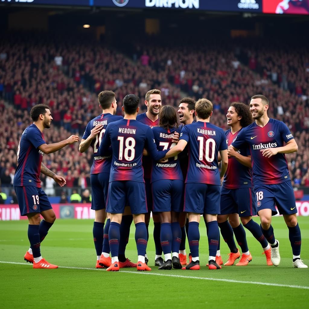 The 2019 PSG squad celebrates a goal.