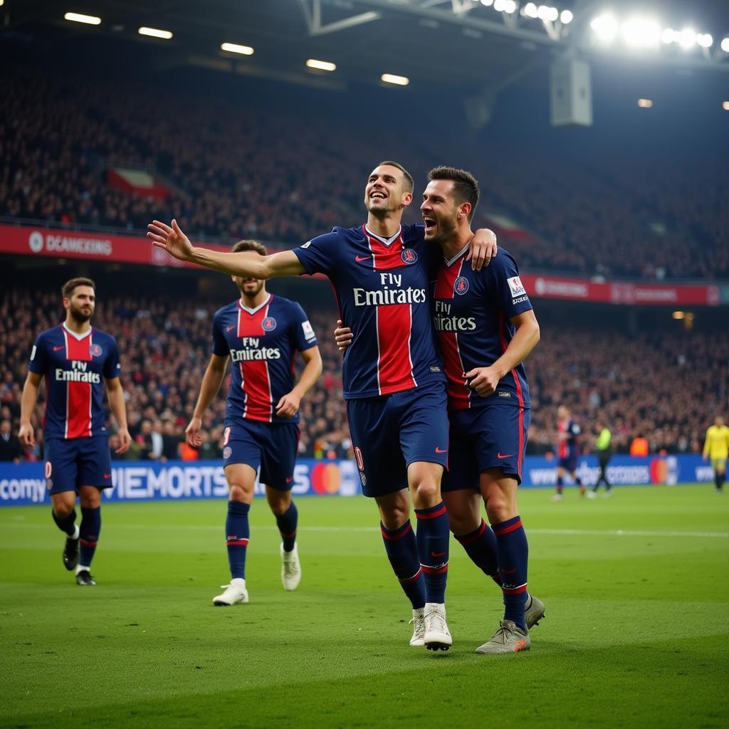 PSG players celebrate a crucial goal with jubilant fans, highlighting the team's success fueled by versatility