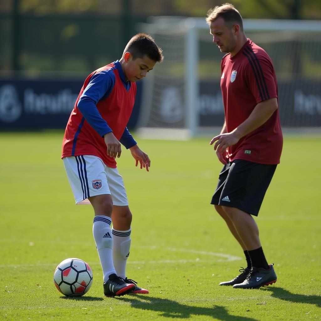 A PVF player practices heading technique with a coach