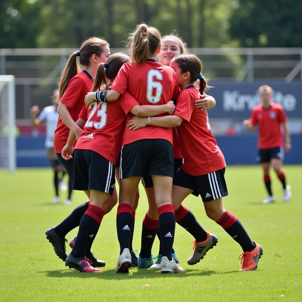 A PVF team celebrates a goal, demonstrating the importance of teamwork