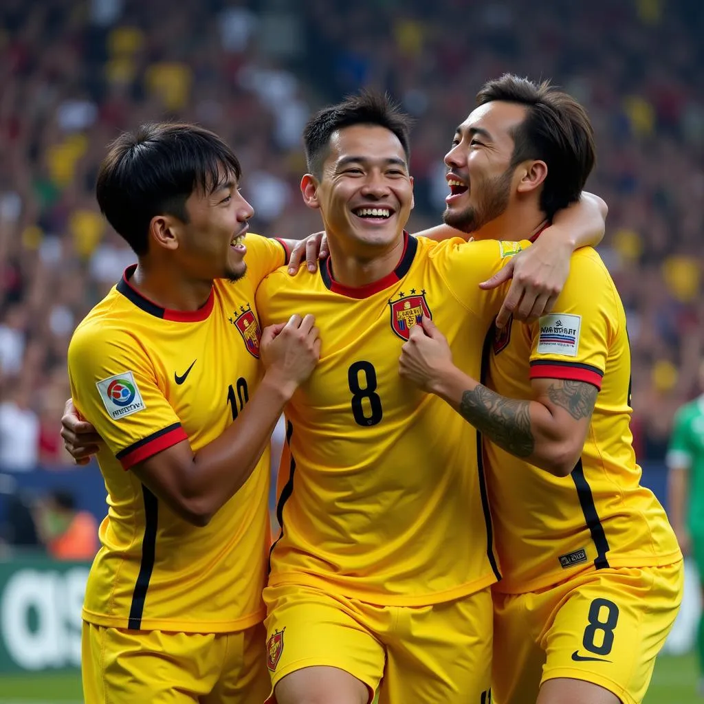 Quach Tan Player celebrates scoring a goal with his teammates