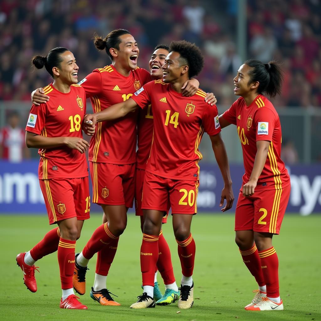 Quang Hai celebrates a goal with teammates at Hanoi FC