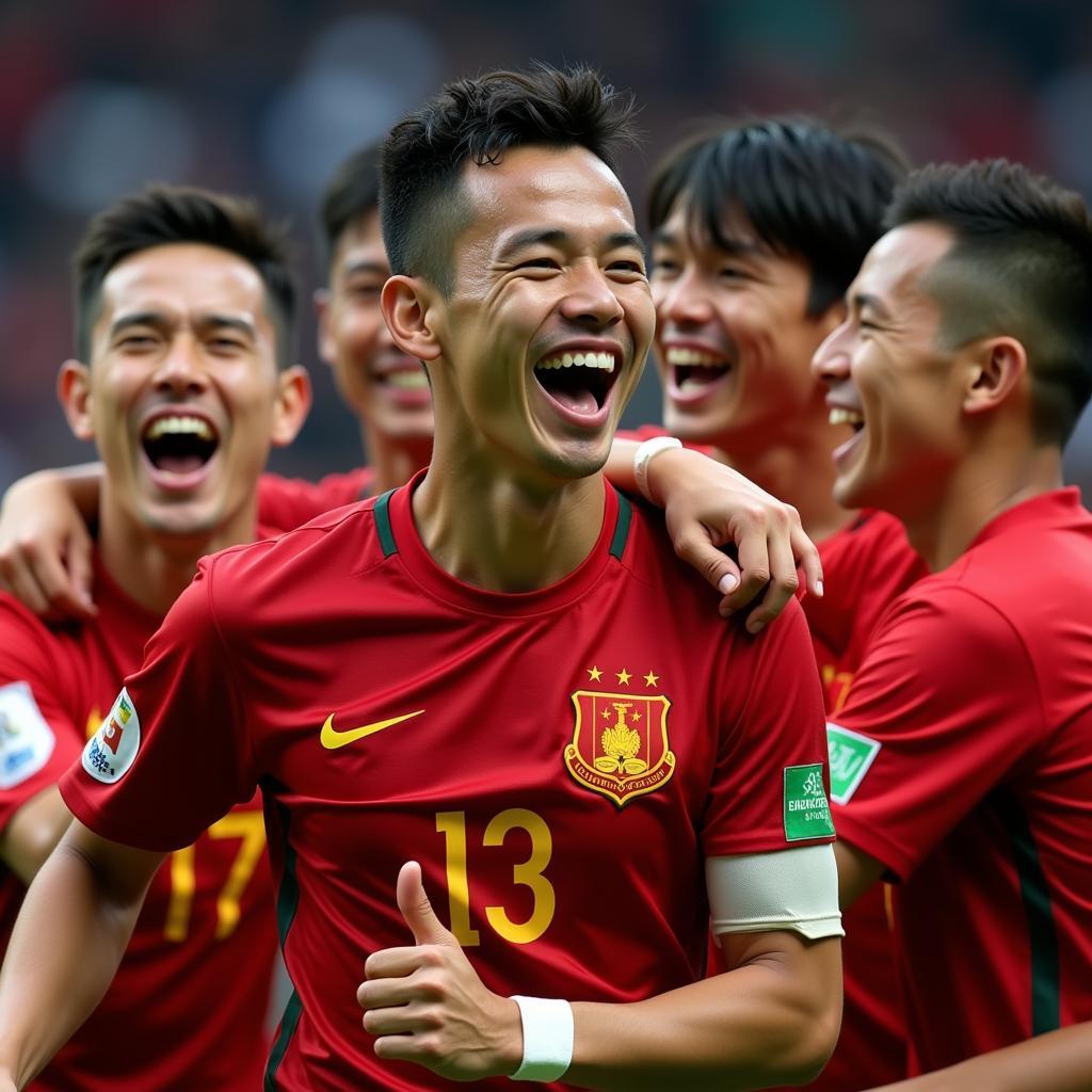 Vietnamese footballer Quang Hai celebrates a goal with his teammates.